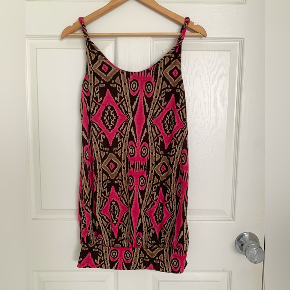 🌿 Sleeveless Boho Pink Brown Aztec Geometric Print Tank Top Tunic Shirt Dress